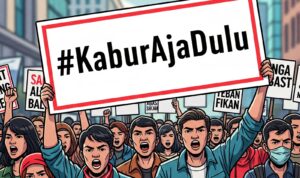 Ilustrasi demo rakyat dengan tagar #KaburAjaDulu di media sosial