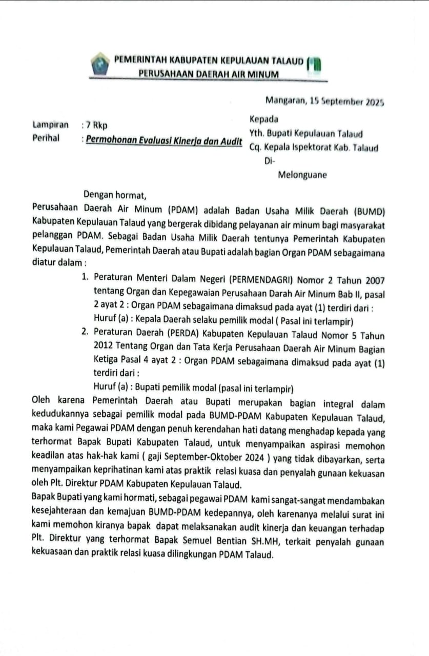 Laporan Pegawai PDAM Talaud ke Bupati Talaud