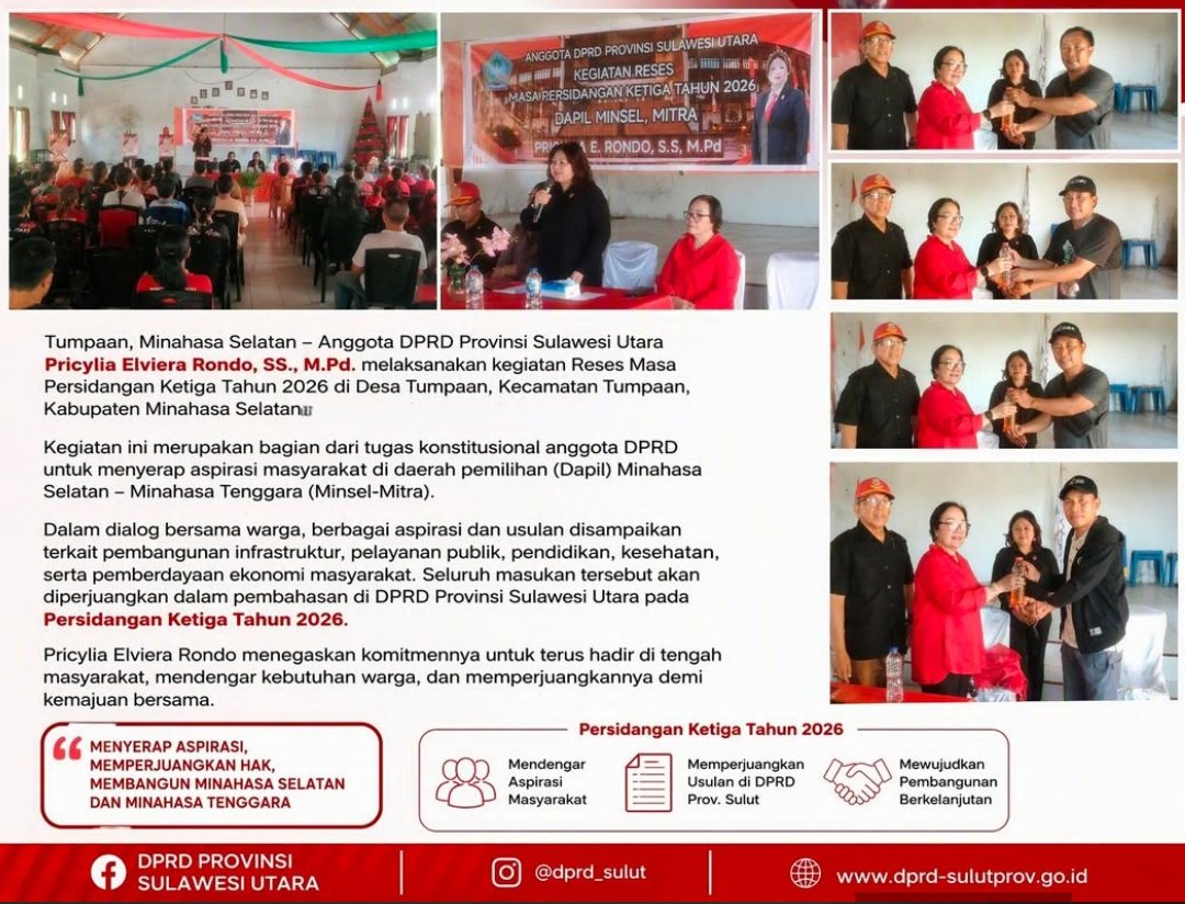 Menjemput Aspirasi di Akar Rumput: Pricylia Rondo Kawal Kebutuhan Warga Minsel Lewat Reses Masa Persidangan Ketiga 2026 Menjemput Aspirasi di Akar Rumput: Pricylia Rondo Kawal Kebutuhan Warga Minsel Lewat Reses Masa Persidangan Ketiga 2026